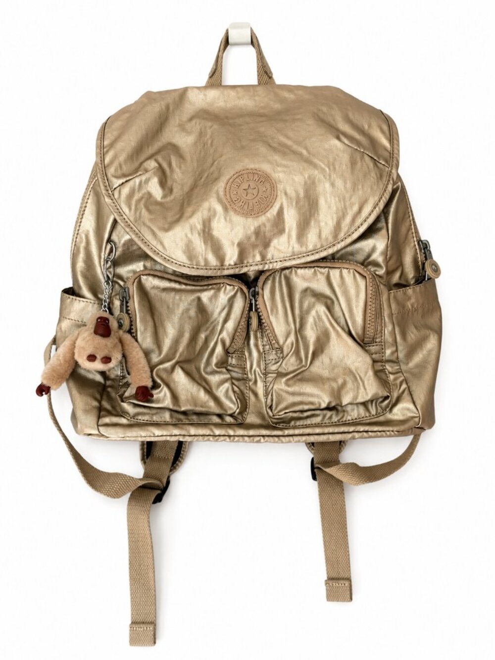 Kipling Gold Lightweight Nylon Backpack with Monkey Keychain